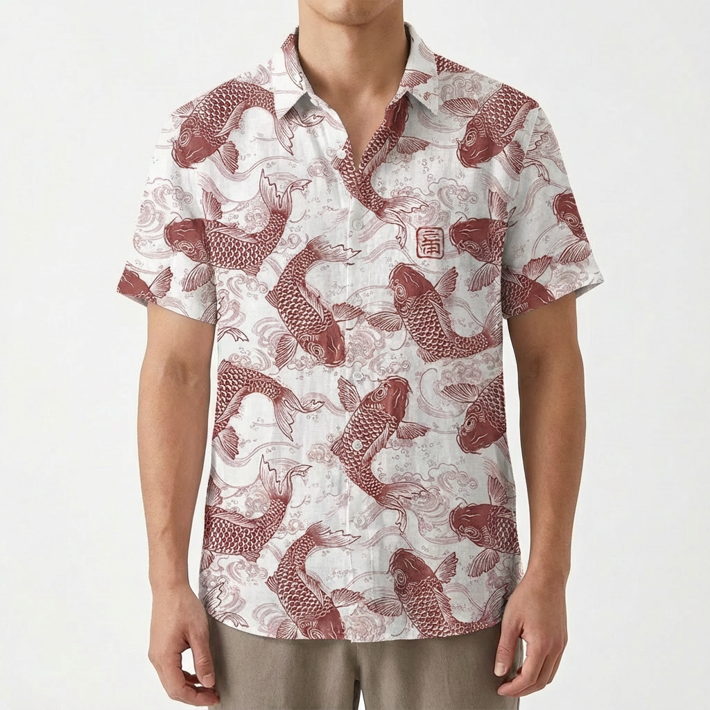 Camicia da Uomo in Poliestere con Stampa di Pesci e Colletto Mao a Maniche Corte