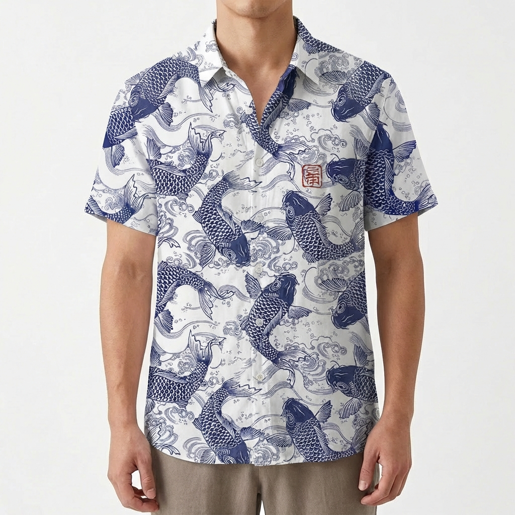 Camicia da Uomo in Poliestere con Stampa di Pesci e Colletto Mao a Maniche Corte