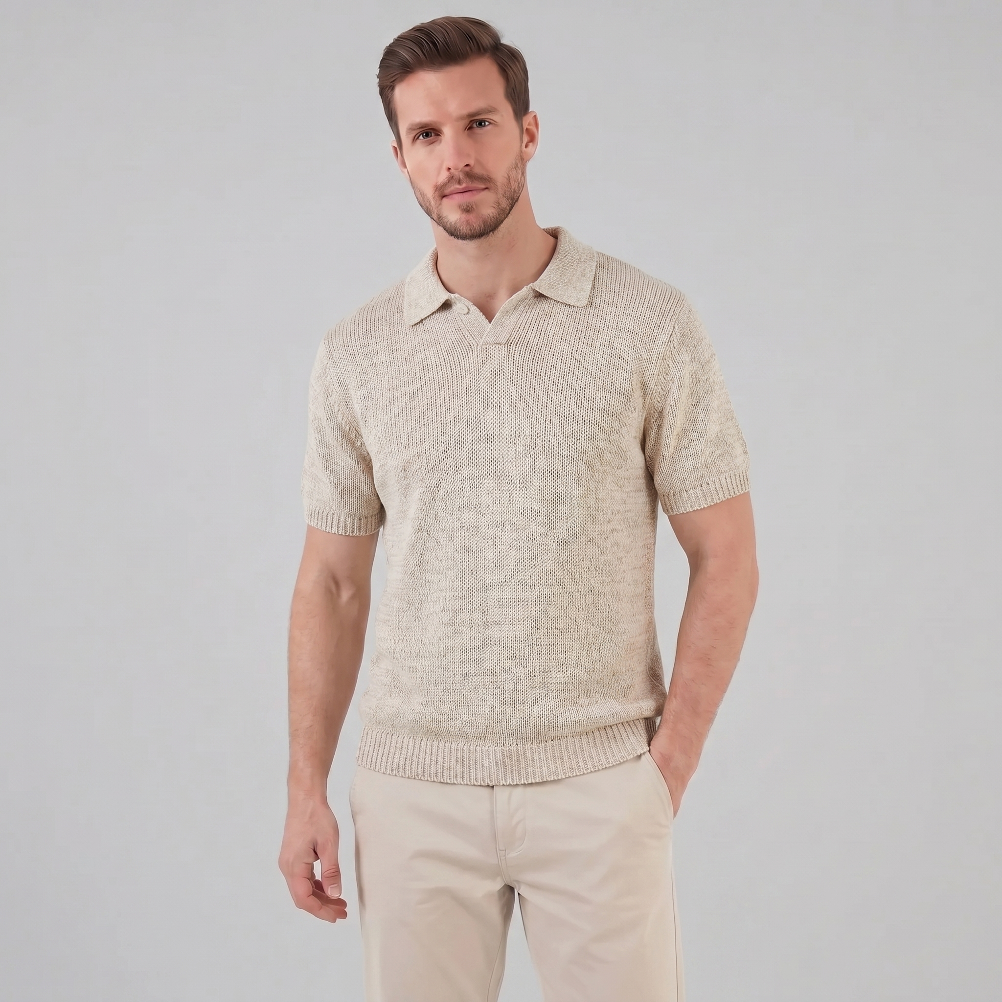 Pánské pletené polo s melírovaným efektem — letní ležérní styl