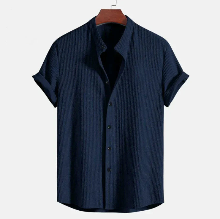 Camicia da uomo a maniche corte - collo alla coreana ampio - vacanze