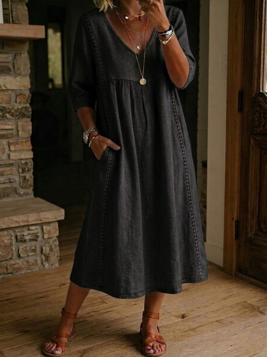 Vestito midi donna con scollo a V, taglio fluido, casual