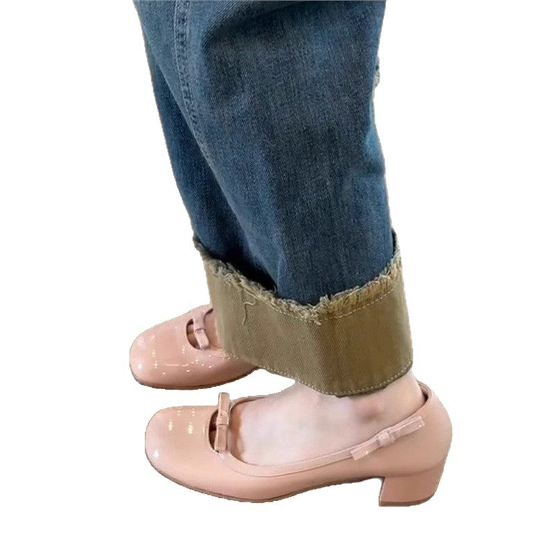 Block Heel Ballet Flats with Floral Buckle for Women
