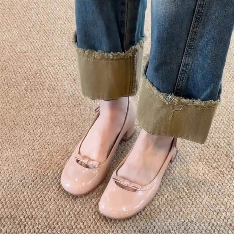 Block Heel Ballet Flats with Floral Buckle for Women