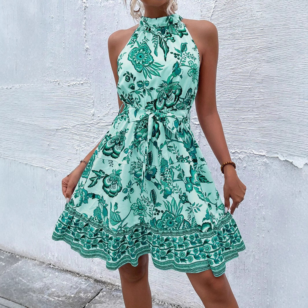 Vestido de Cuello Halter con Estampado Floral Cintura con Lazo y Corte en A para Mujer