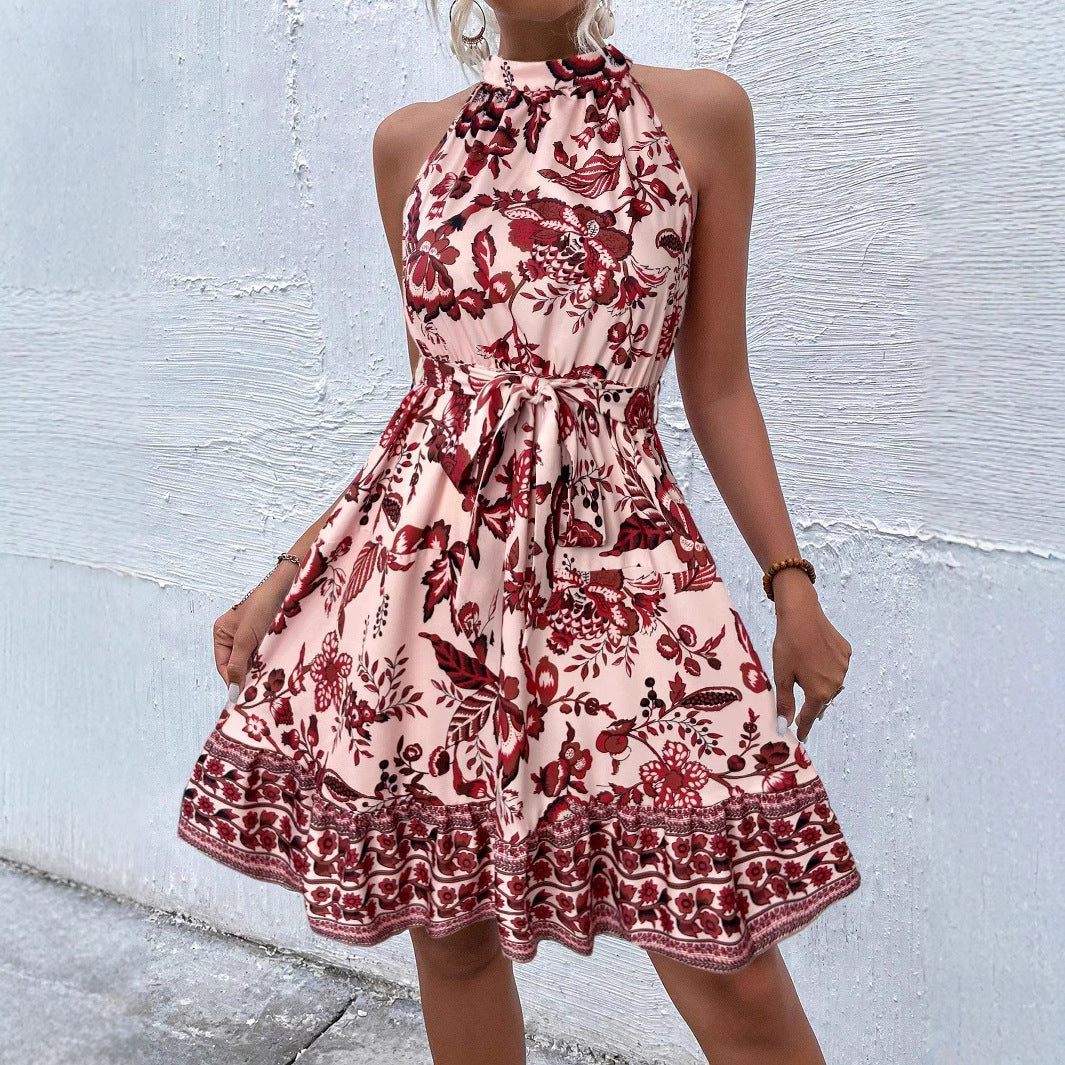 Vestido de Cuello Halter con Estampado Floral Cintura con Lazo y Corte en A para Mujer