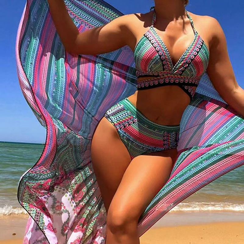Bikiny s vysokým pasem, trojúhelníkovým topem a plážovým kimonem, 3 díly