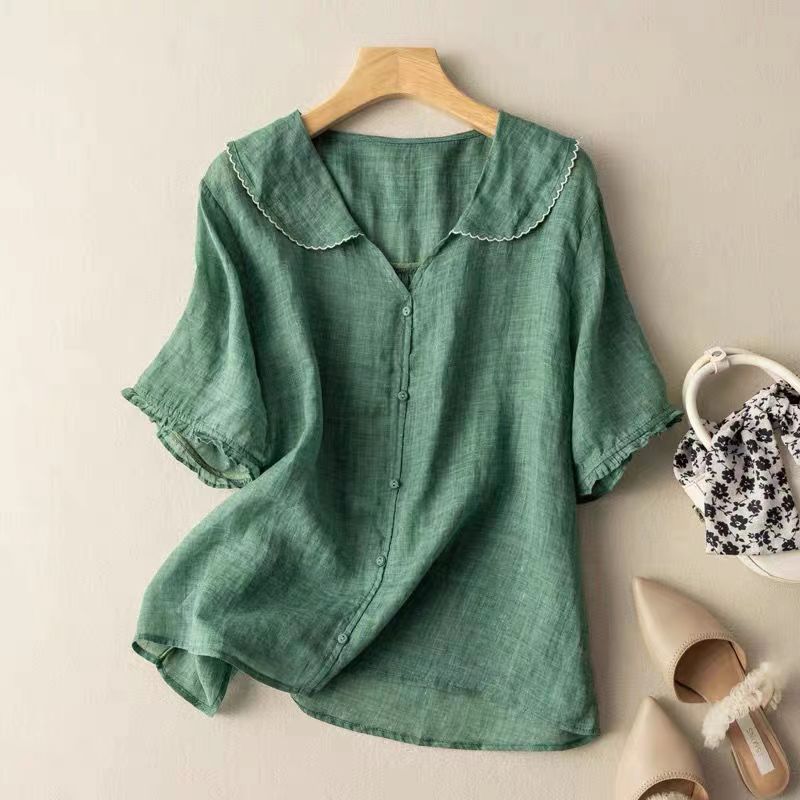 Blouse en lin style vintage avec col festonné et boutons pour femme