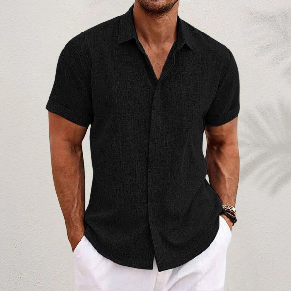 Camisa de Lino para Hombre de Manga Corta con Cuello de Solapa y Botones