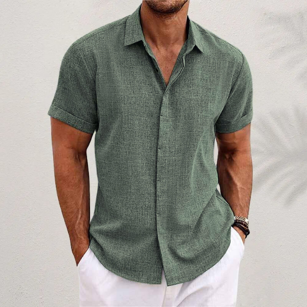 Camisa de Lino para Hombre de Manga Corta con Cuello de Solapa y Botones