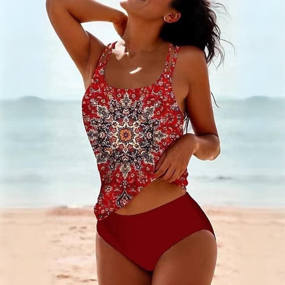 Maillot de bain tankini deux pièces avec imprimé ethnique et bretelles doubles pour femme