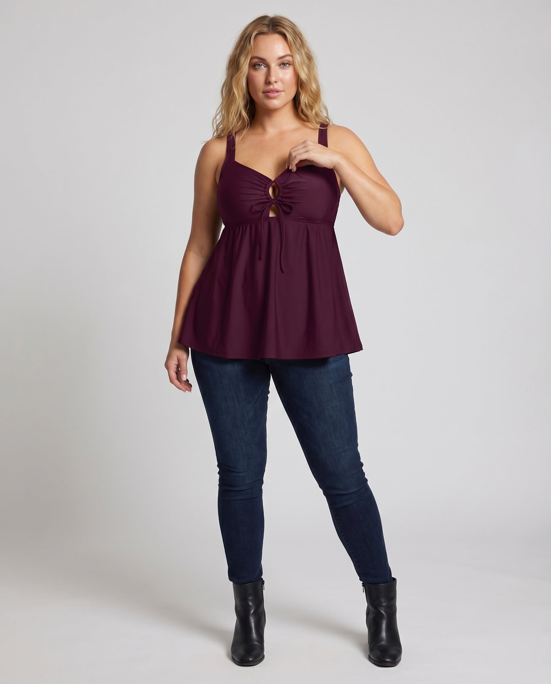 Top tankini de talie înaltă pentru femei cu decolteu keyhole și tiv tunică