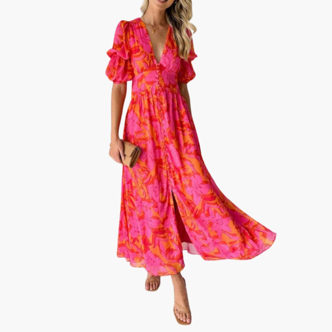 Vestido Maxi de Mujer con Cuello en V y Mangas Abullonadas con Estampado Floral