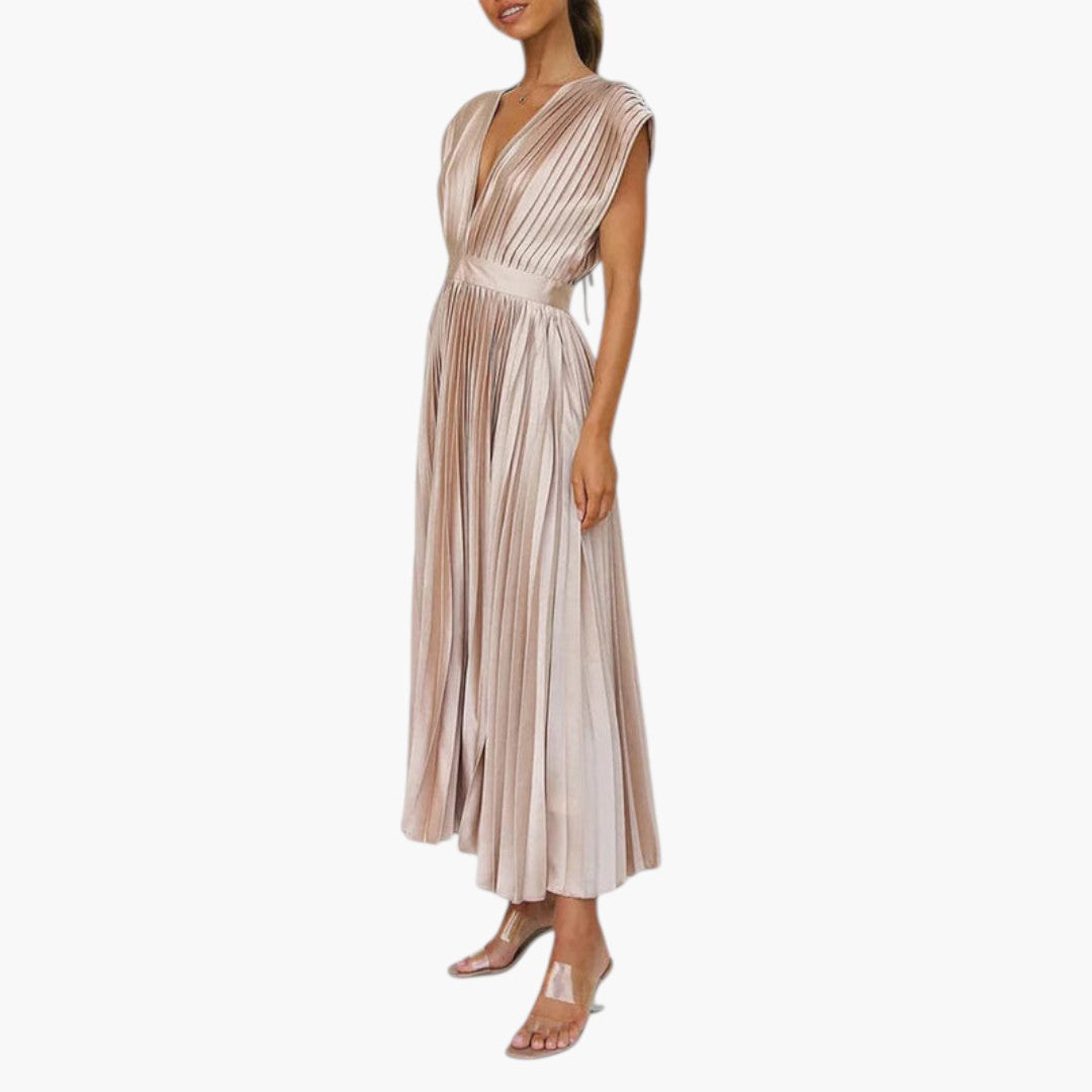 Vestido Midi de Mujer con Cuello en V y Falda Plisada con Vuelo