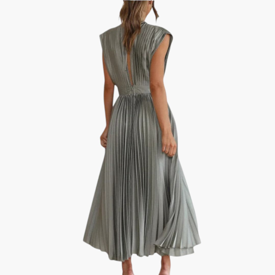 Vestido Midi de Mujer con Cuello en V y Falda Plisada con Vuelo