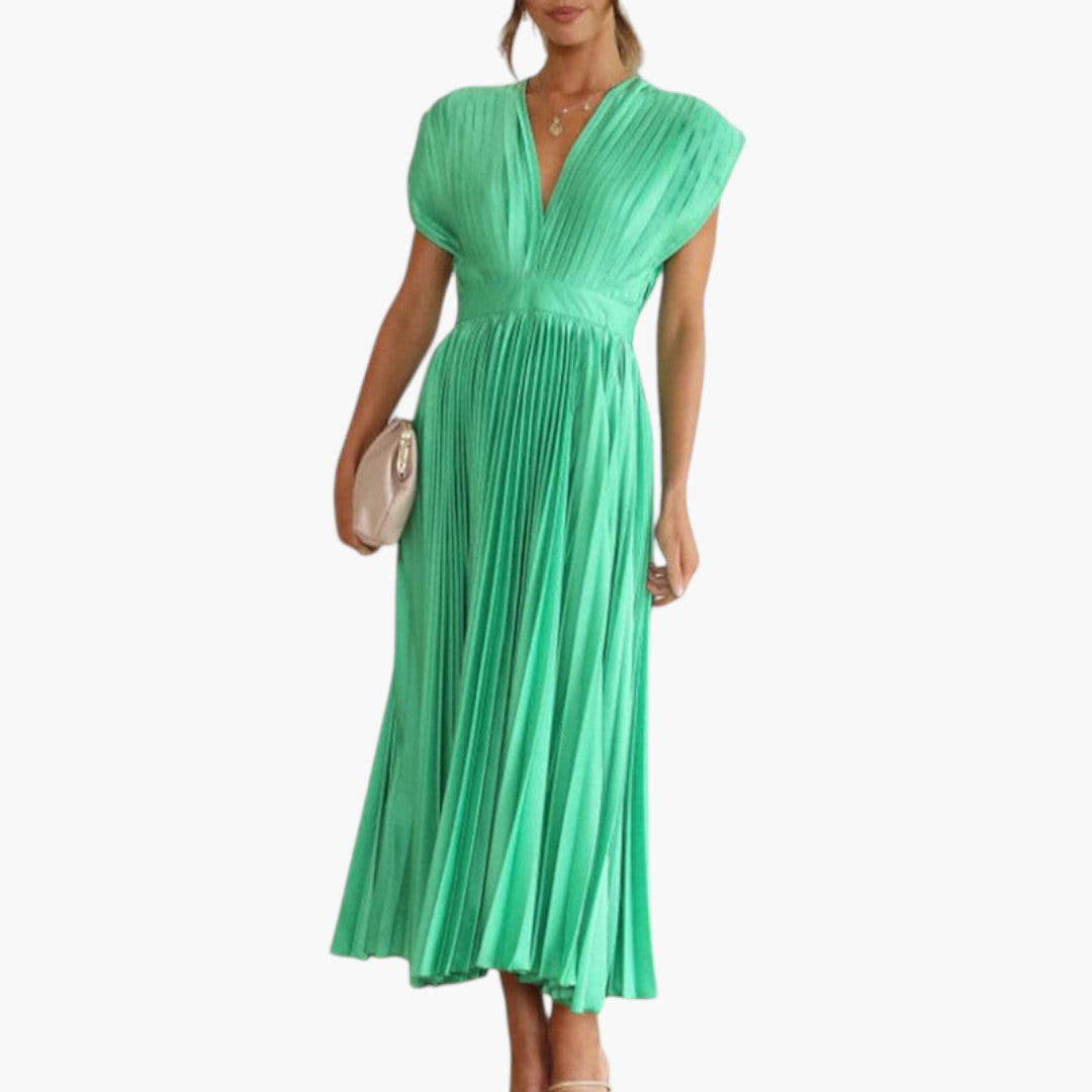 Vestido Midi de Mujer con Cuello en V y Falda Plisada con Vuelo