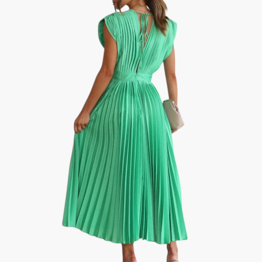 Vestido Midi de Mujer con Cuello en V y Falda Plisada con Vuelo