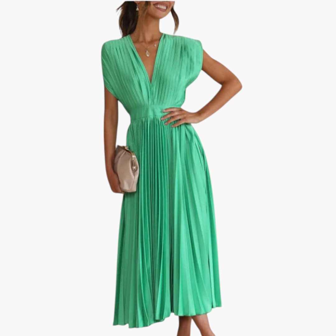 Vestido Midi de Mujer con Cuello en V y Falda Plisada con Vuelo