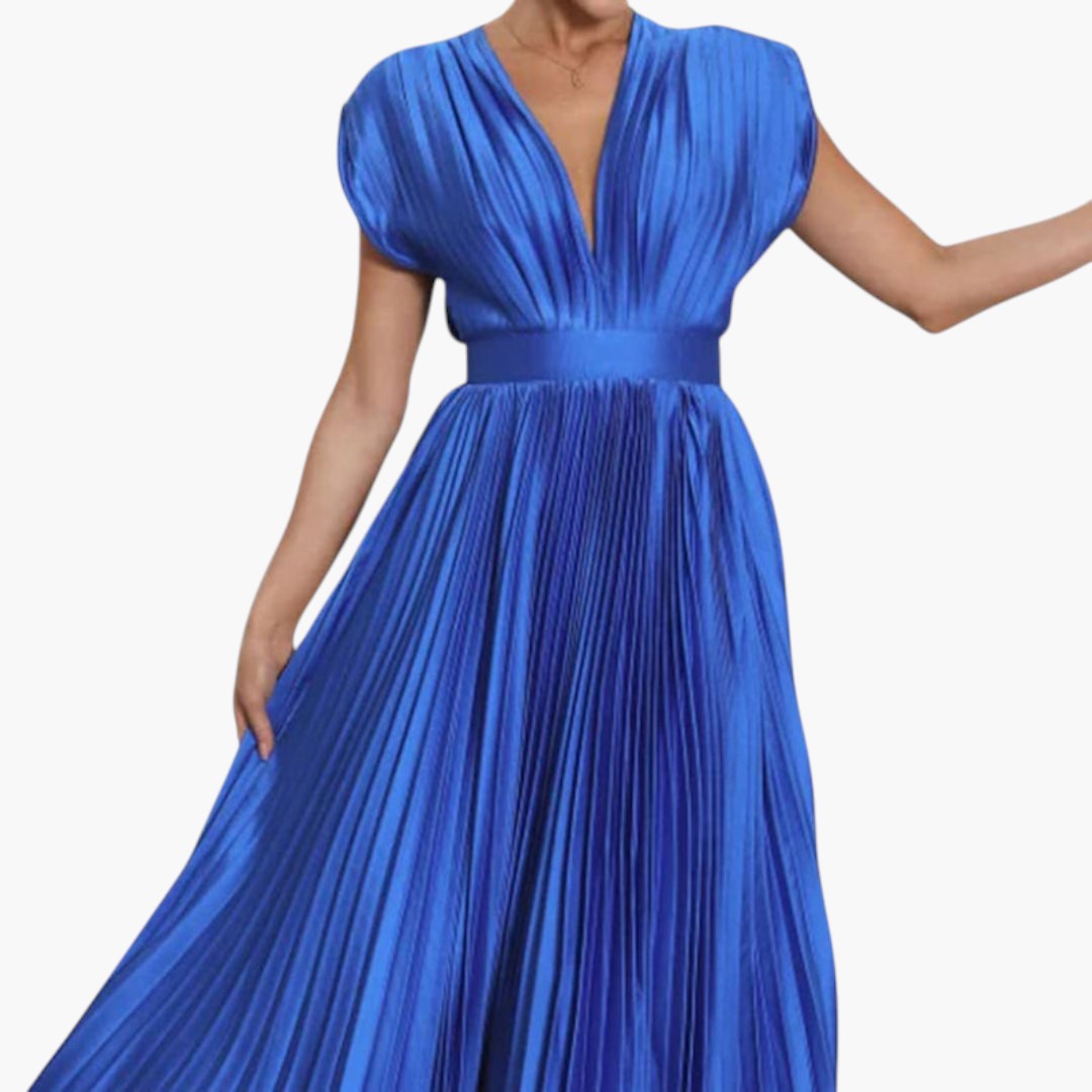 Vestido Midi de Mujer con Cuello en V y Falda Plisada con Vuelo