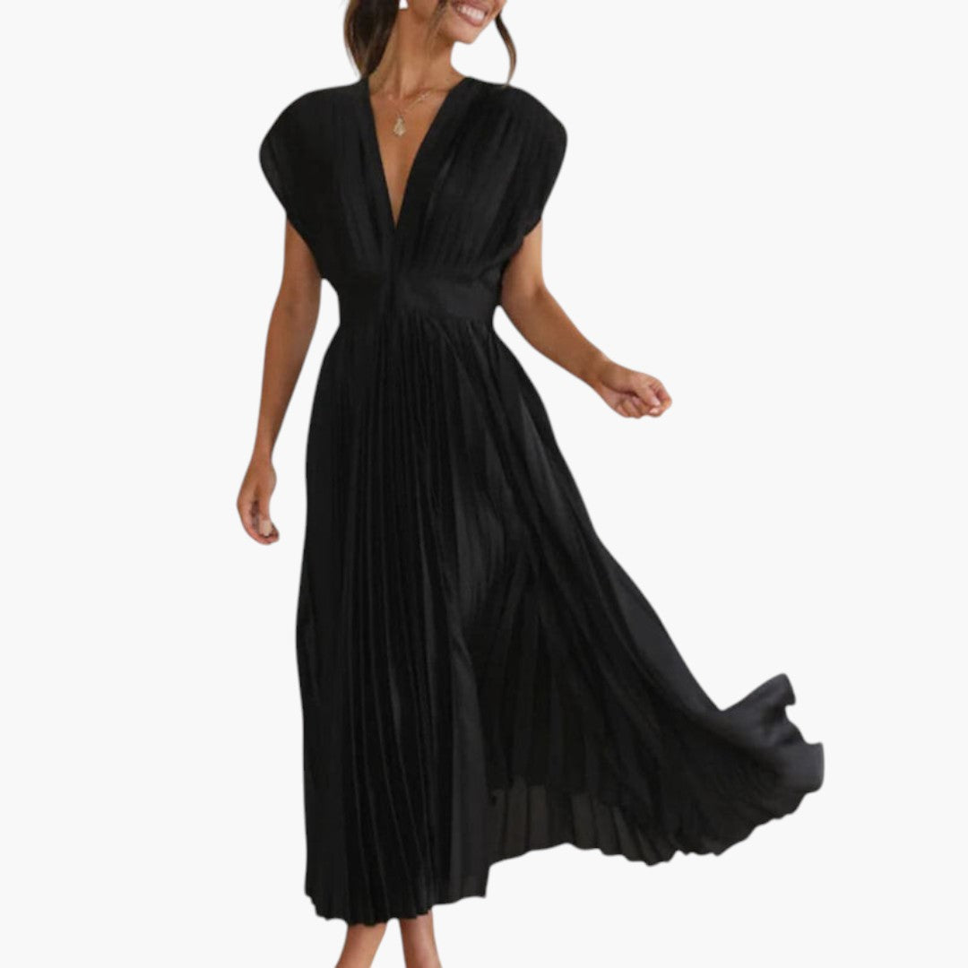 Vestido Midi de Mujer con Cuello en V y Falda Plisada con Vuelo