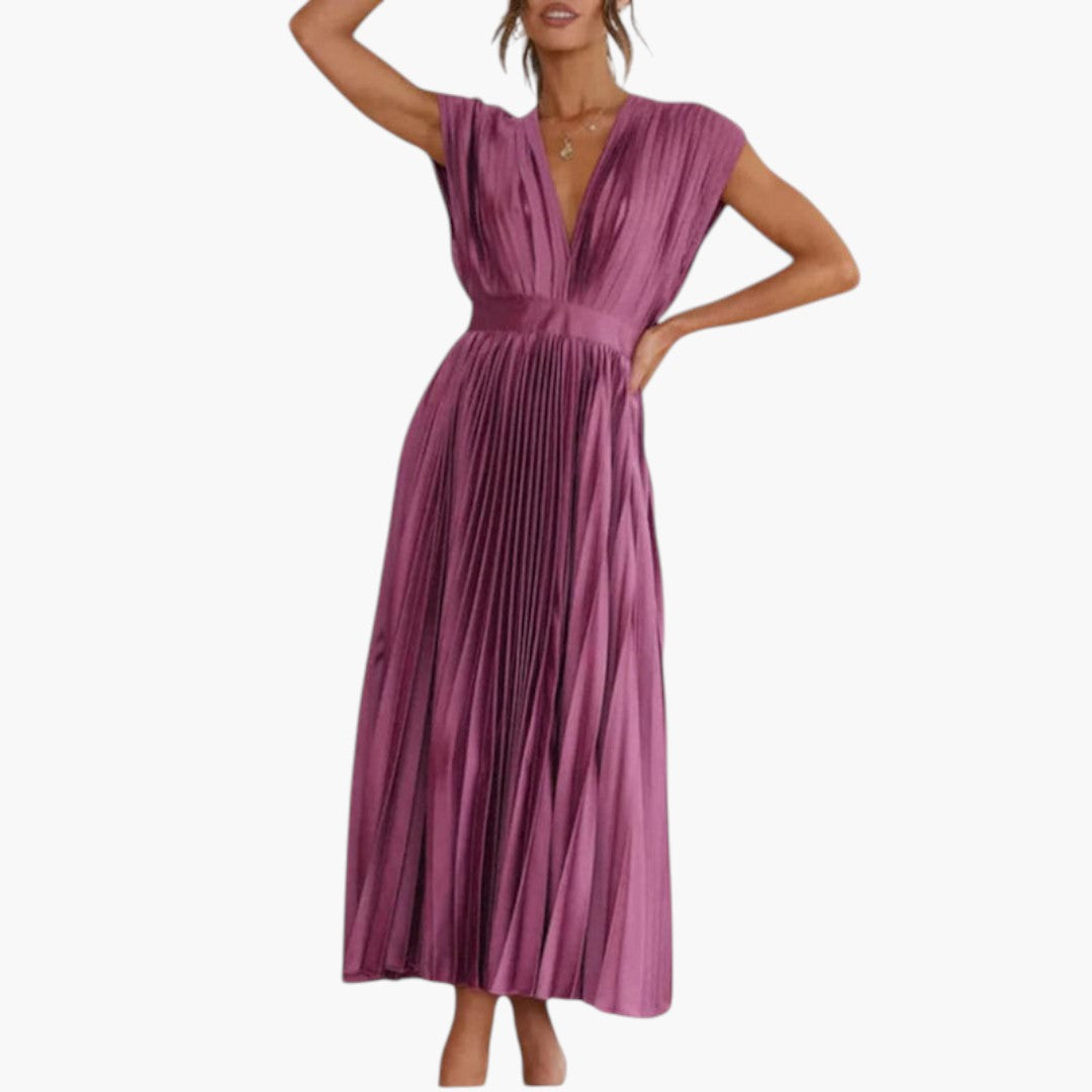 Vestido Midi de Mujer con Cuello en V y Falda Plisada con Vuelo