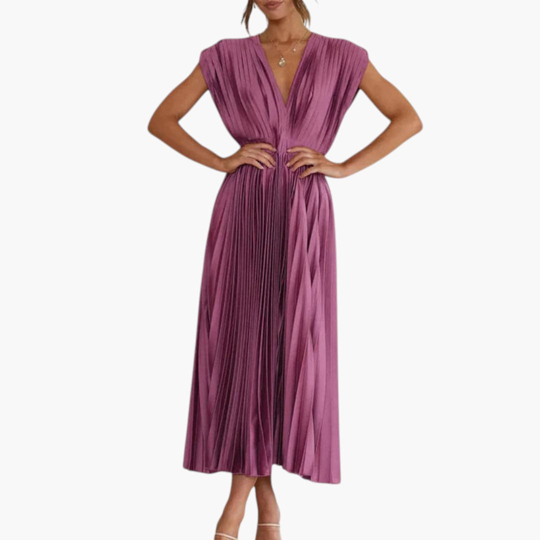 Vestido Midi de Mujer con Cuello en V y Falda Plisada con Vuelo