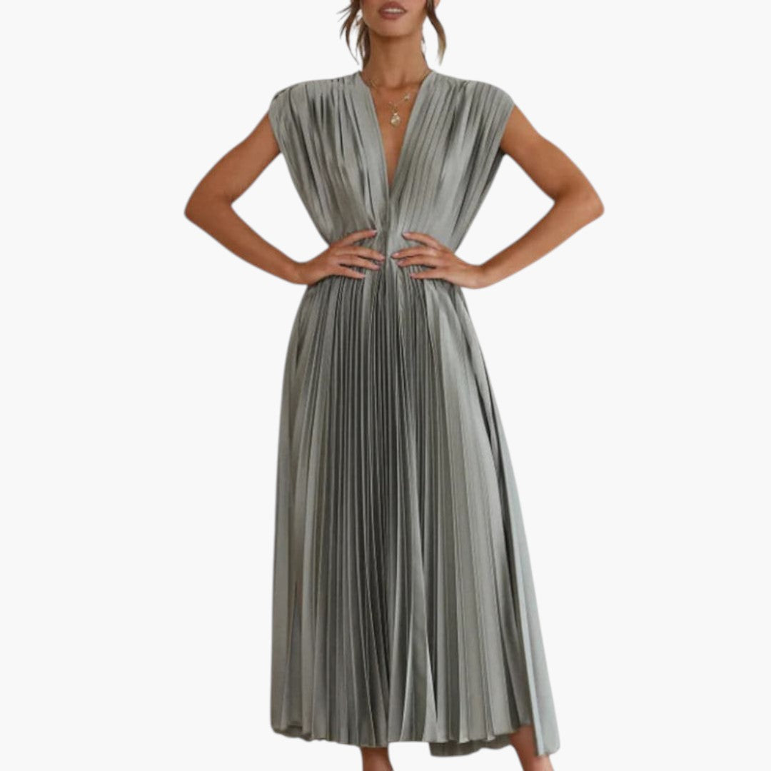 Vestido Midi de Mujer con Cuello en V y Falda Plisada con Vuelo