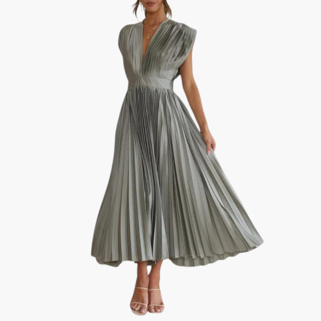 Vestido Midi de Mujer con Cuello en V y Falda Plisada con Vuelo