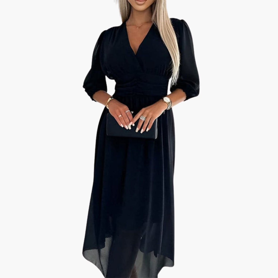 Vestito midi in chiffon con scollo a V e maniche a tre quarti da donna