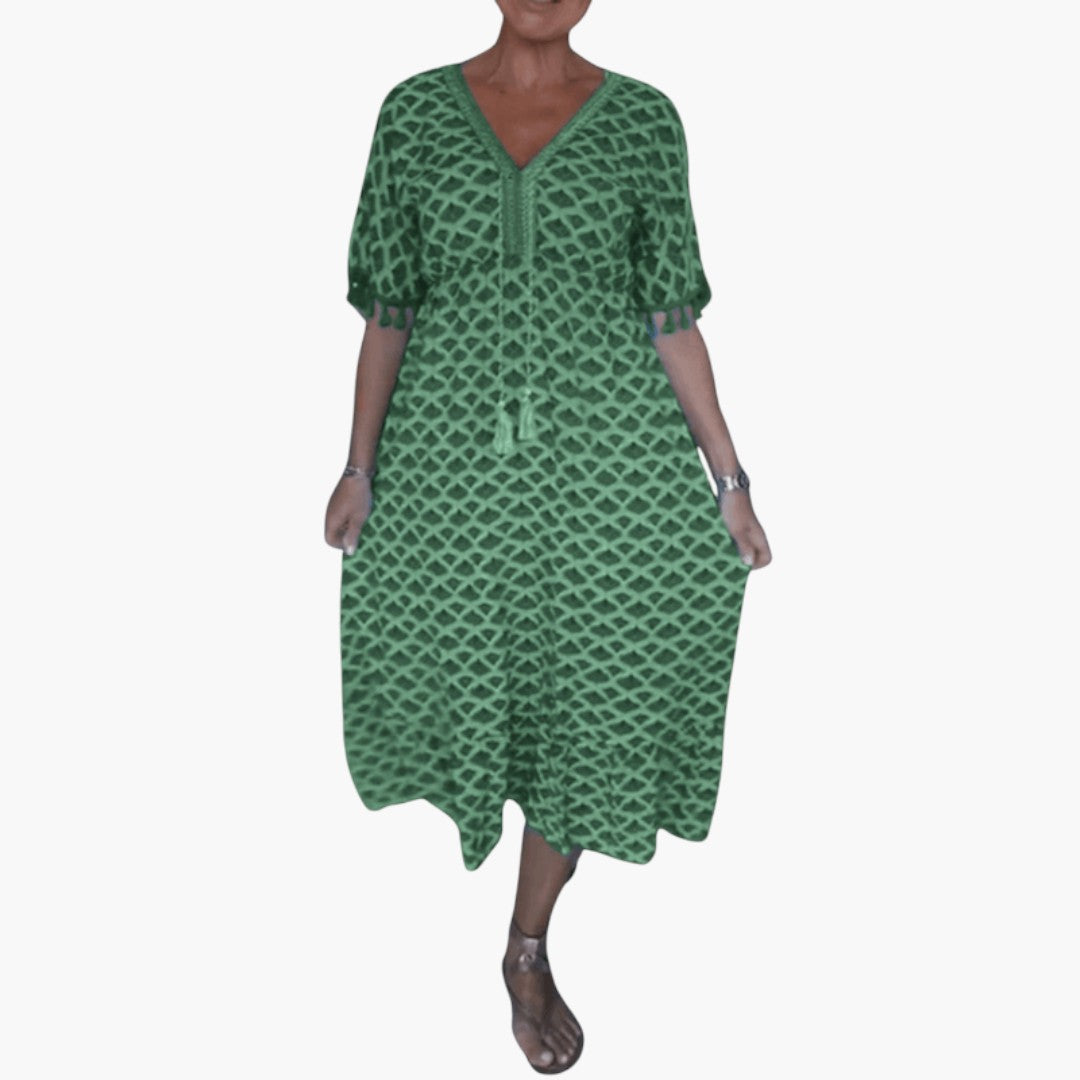 Vestido Midi de Mujer con Cuello en V y Estampado Bohemio con Borlas