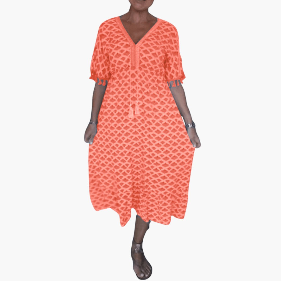 Vestido Midi de Mujer con Cuello en V y Estampado Bohemio con Borlas