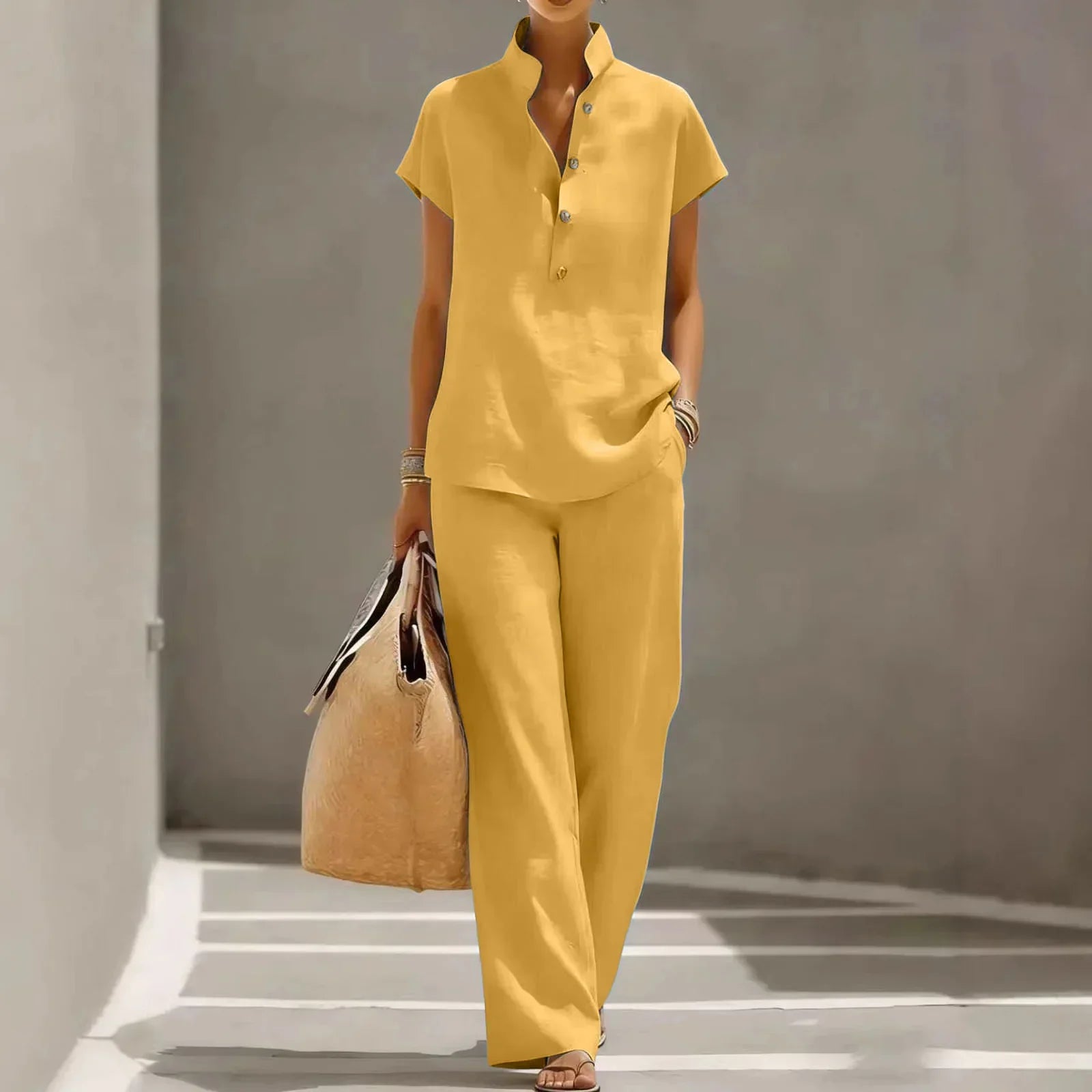 Completo da donna in due pezzi - misto lino - pantalone largo casual