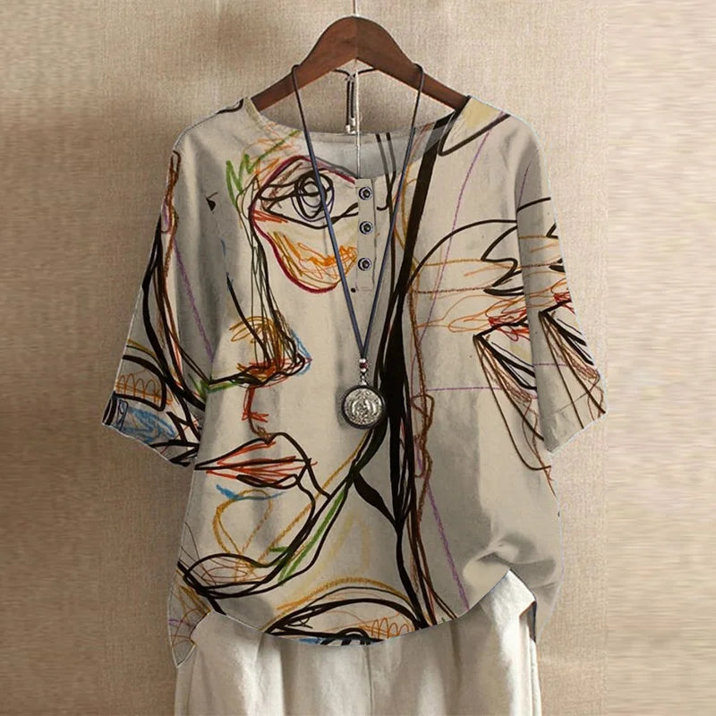 Retro Style Printed Blouse with Round Neck and Buttons for Women