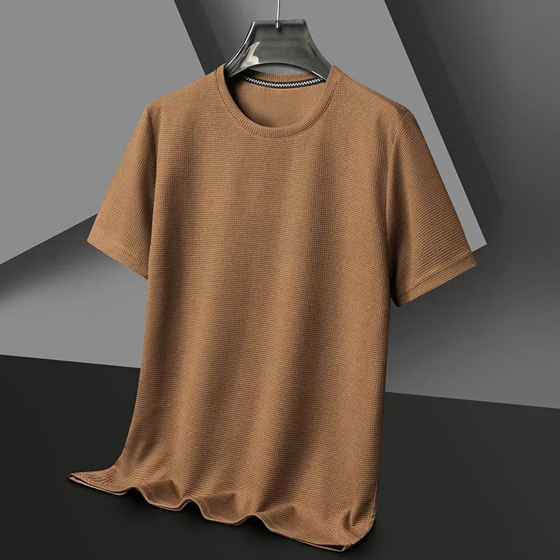 T-shirt da Uomo in Maglia Waffle con Collo Tondo e Manica Corta Casual