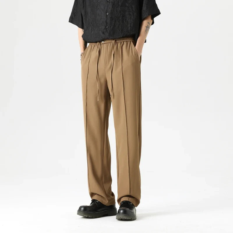 Pantaloni Eleganti dritti da Uomo con Vita Elastica e Tessuto in Seta Fredda