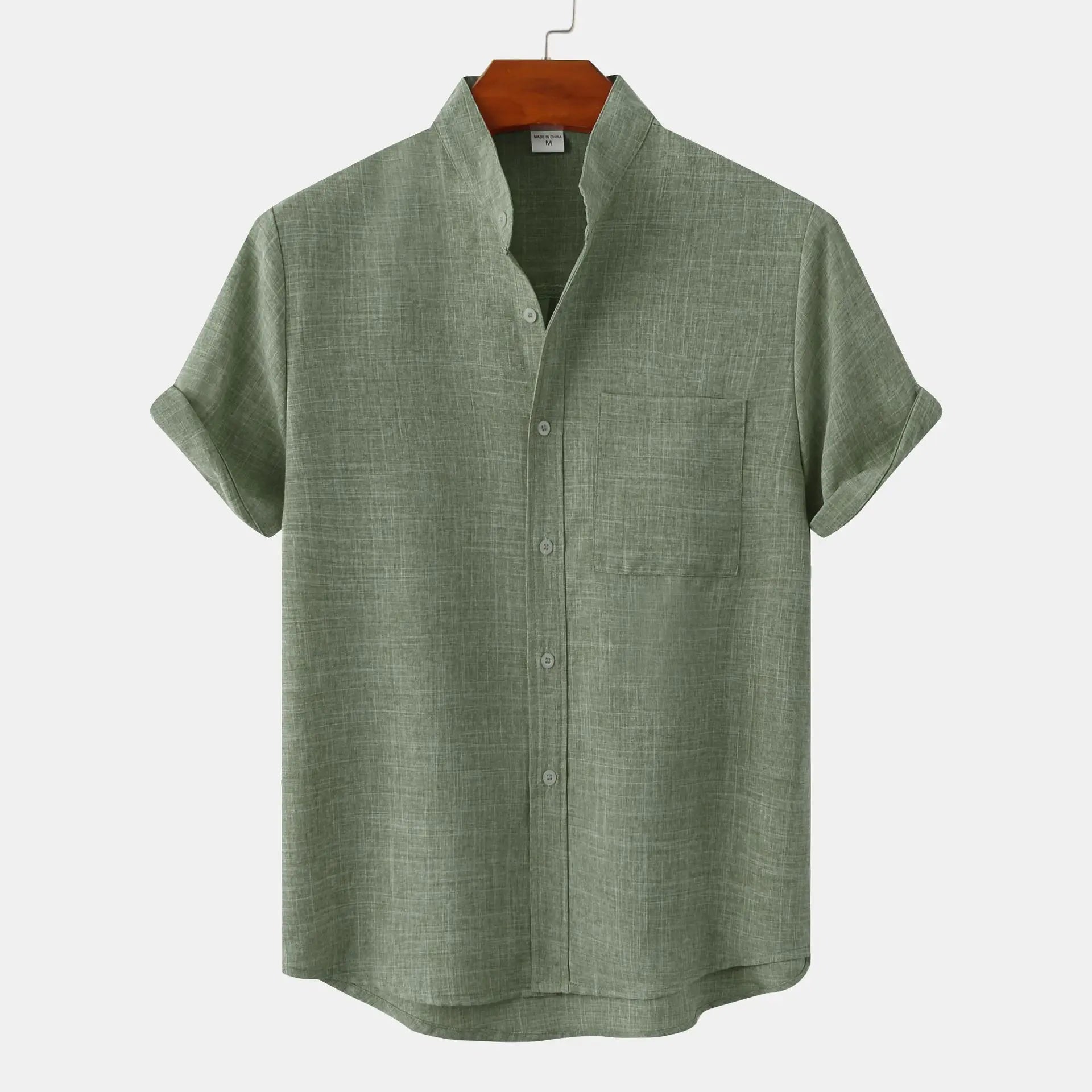 Camisa Casual para Hombre con Cuello Mao de Manga Corta y Botonadura Sencilla