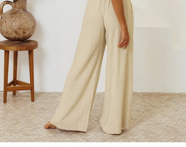 Pantaloni largi din in pentru femei, cu talie elastică și cordon