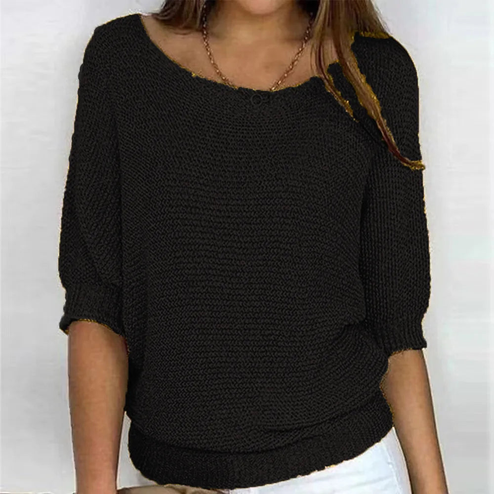 Women's knit sweater with crew neck and three-quarter French sleeves