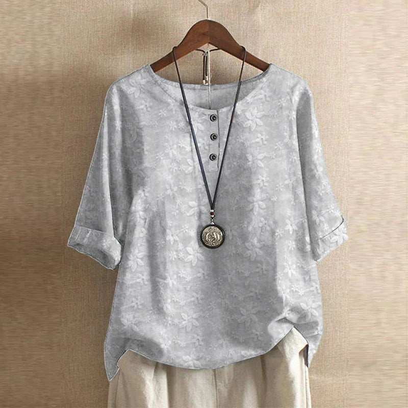 Retro Style Printed Blouse with Round Neck and Buttons for Women