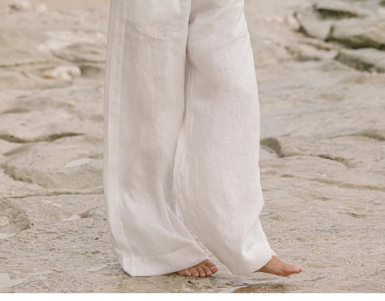 Pantaloni largi din in pentru femei, cu talie elastică și cordon