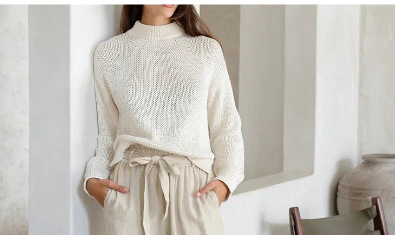 Pantaloni largi din in pentru femei, cu talie elastică și cordon