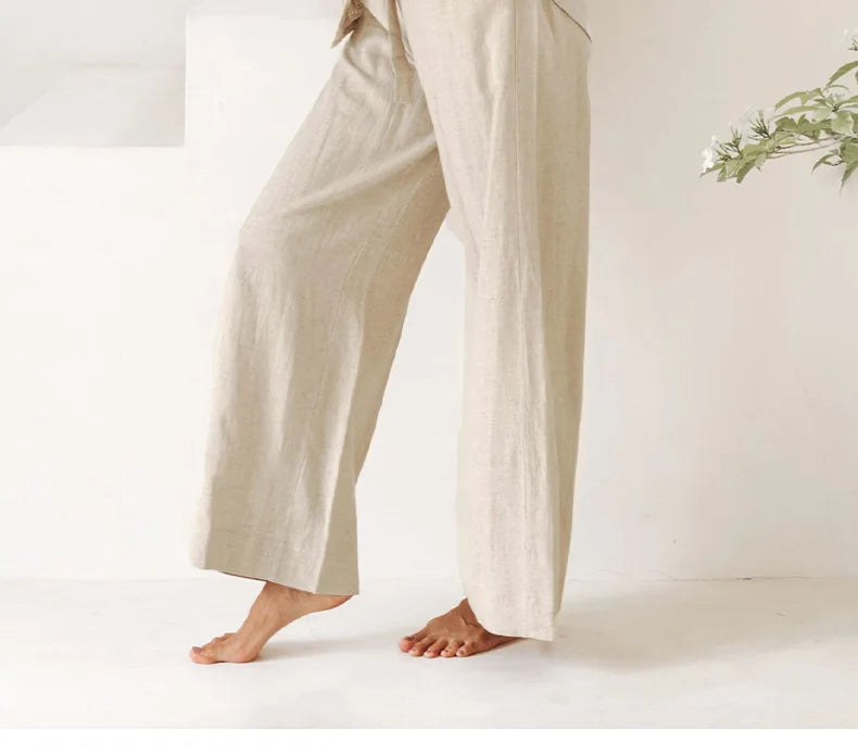 Pantaloni largi din in pentru femei, cu talie elastică și cordon