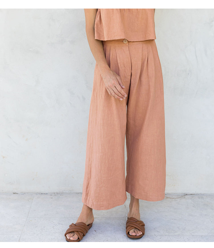 Lněné culottes pro ženy s vysokým pasem a předními záhyby