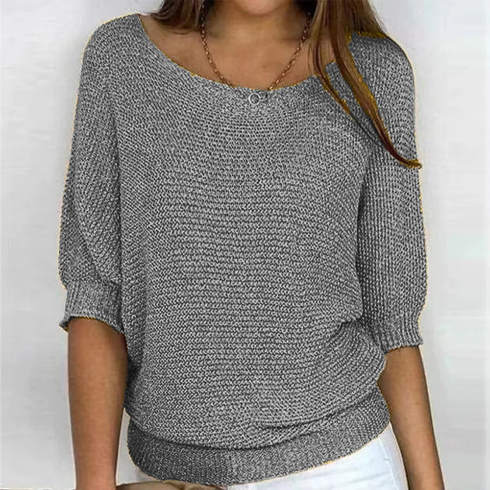 Women's knit sweater with crew neck and three-quarter French sleeves