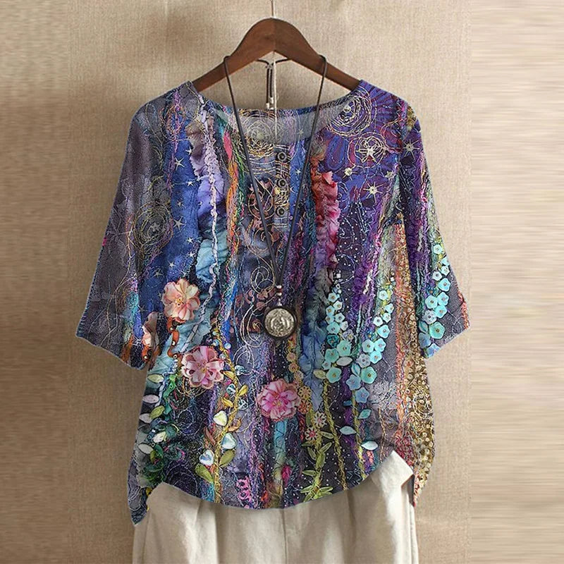 Retro Style Printed Blouse with Round Neck and Buttons for Women