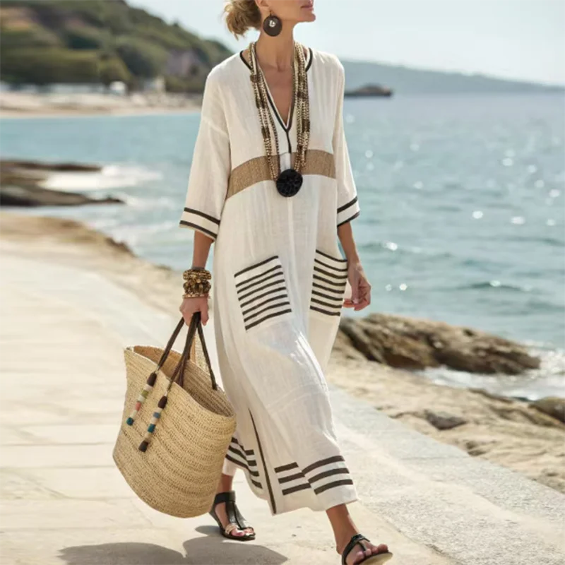 Robe kimono longue pour femme avec col en V et poches — plage