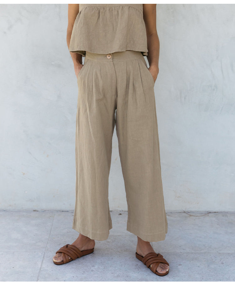 Lněné culottes pro ženy s vysokým pasem a předními záhyby