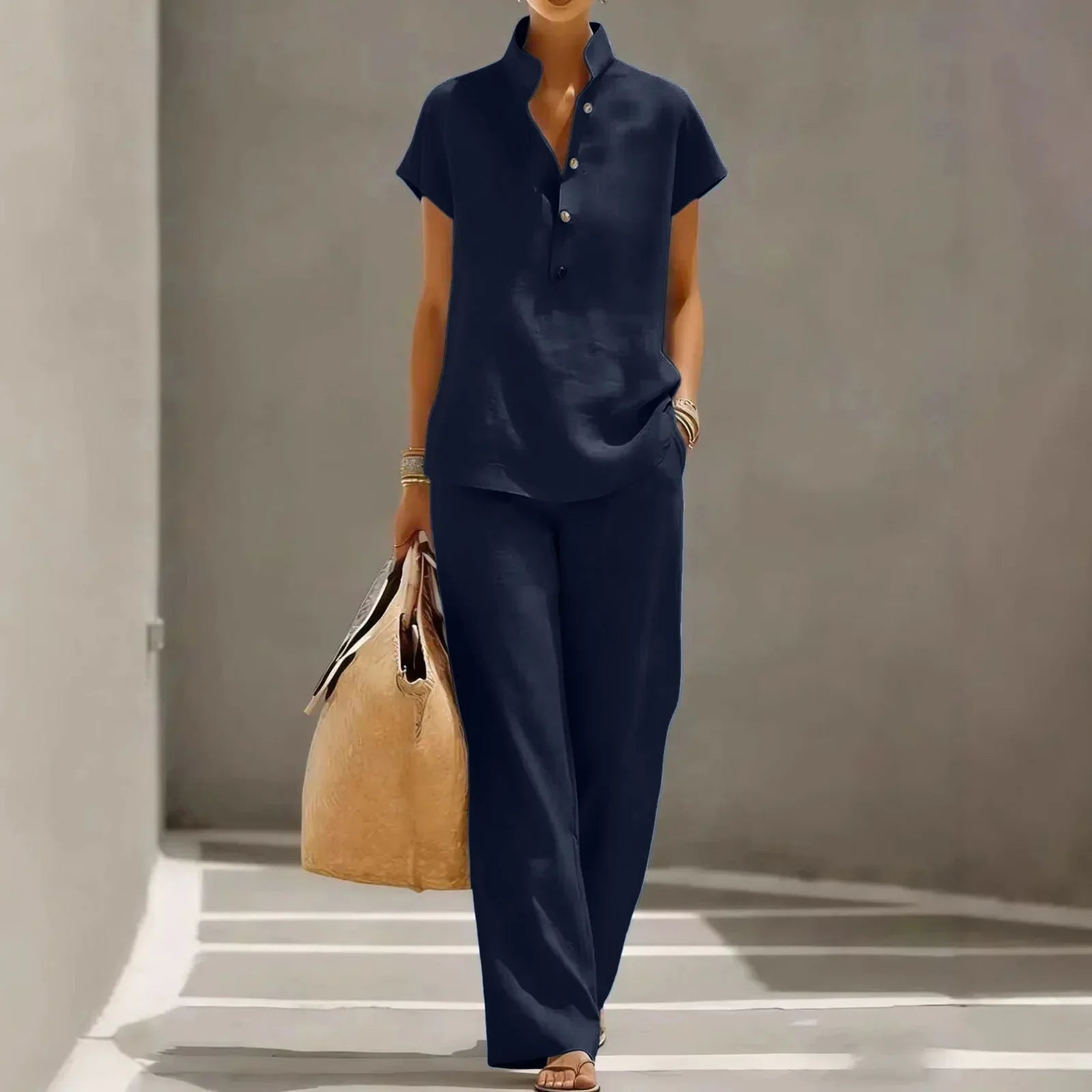 Completo da donna in due pezzi - misto lino - pantalone largo casual