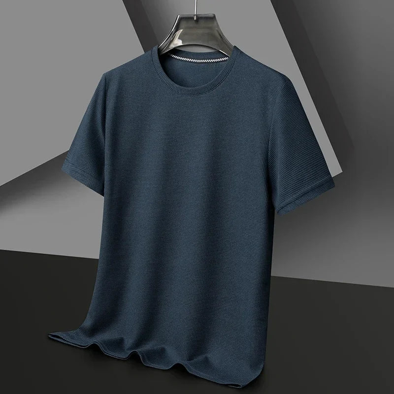 T-shirt da Uomo in Maglia Waffle con Collo Tondo e Manica Corta Casual
