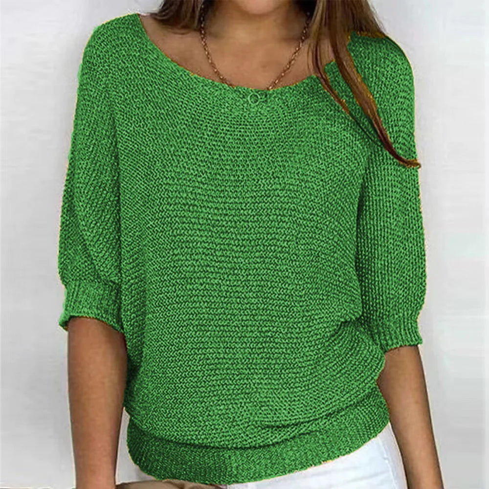 Women's knit sweater with crew neck and three-quarter French sleeves