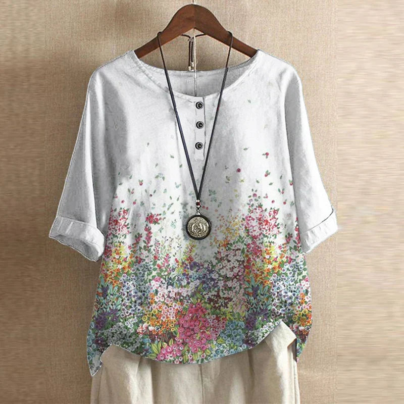 Retro Style Printed Blouse with Round Neck and Buttons for Women